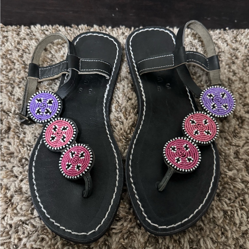 Black Beaded Toe-Post Sandals with Pink & Purple Accents